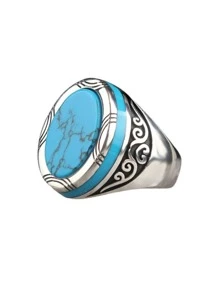 1pc European And American Style Personalized Retro Punk Turquoise Stone Men's Ring For Date - Antique Silver - View 2