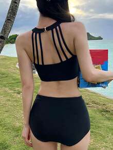 Bañador bikini con shorts unicolor - Negro - Ver 2