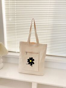 Flower Pattern Printed Large Capacity Shopping Bag - White - View 2