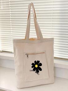 Flower Pattern Printed Large Capacity Shopping Bag - White - View 1