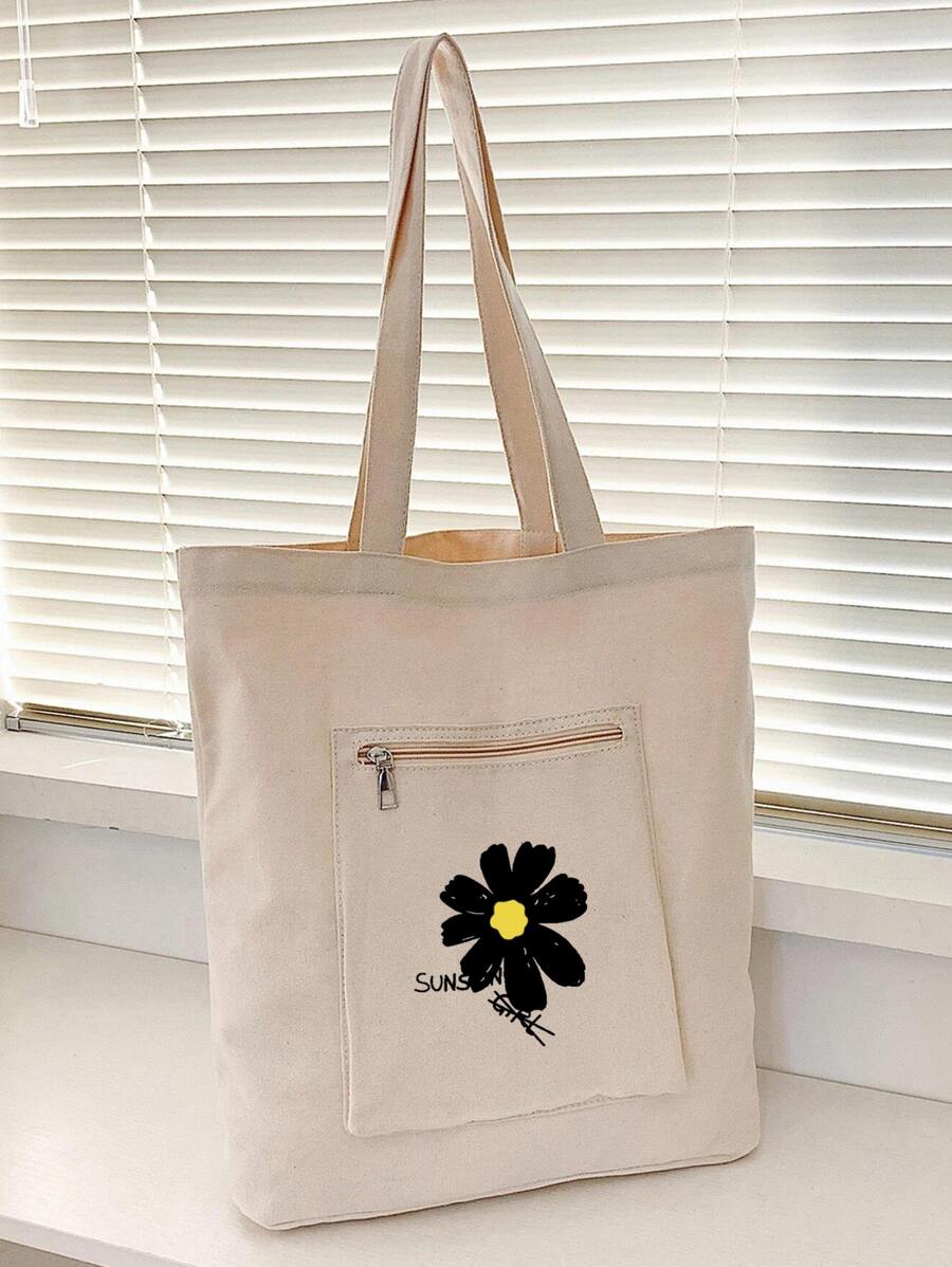 Flower Pattern Printed Large Capacity Shopping Bag - White - View 1