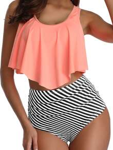 Striped Print Hanky Hem Tankini Summer - Baby Pink - View 2
