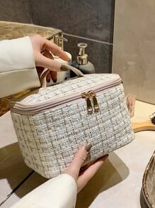 1 túi đựng đồ trang điểm vuông họa tiết kẻ caro thiết kế bện, túi đựng mỹ phẩm cỡ lớn di động màu trắng cho du lịch ngoài trời - trắng - Xem 1