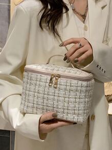 1 túi đựng đồ trang điểm vuông họa tiết kẻ caro thiết kế bện, túi đựng mỹ phẩm cỡ lớn di động màu trắng cho du lịch ngoài trời - trắng - Xem 3