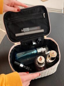 1 túi đựng đồ trang điểm vuông họa tiết kẻ caro thiết kế bện, túi đựng mỹ phẩm cỡ lớn di động màu trắng cho du lịch ngoài trời - trắng - Xem 5