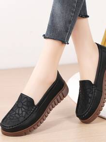 女士圆头一脚蹬乐福鞋，平底软底牛津鞋，手工缝制刺绣花朵，黑色皮革牛津鞋，舒适妈妈鞋