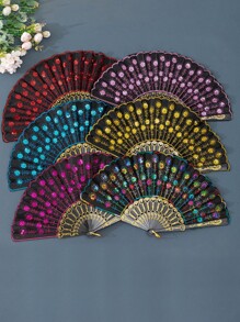 1 pieza Abanico de bordado de lentejuelas para mujer de 22 cm con varillas de plástico y estampado dorado, adecuado para fiestas, compras, turismo, elegante sombrilla