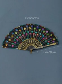 1 pieza Abanico de bordado de lentejuelas para mujer de 22 cm con varillas de plástico y estampado dorado, adecuado para fiestas, compras, turismo, elegante sombrilla
