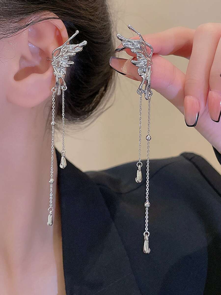 1 Pair Butterfly Fairy Earrings, Unique Design Personalized Tassel Water Drop Ear Cuff For Women (No Card Included) - Silver - View 1