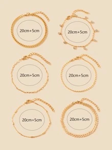 6pcs Fashionable Simple Style Crystal & Chain Elements Anklet Set, Suitable For Women, Girls, Beach Vacation, Travel & Gift