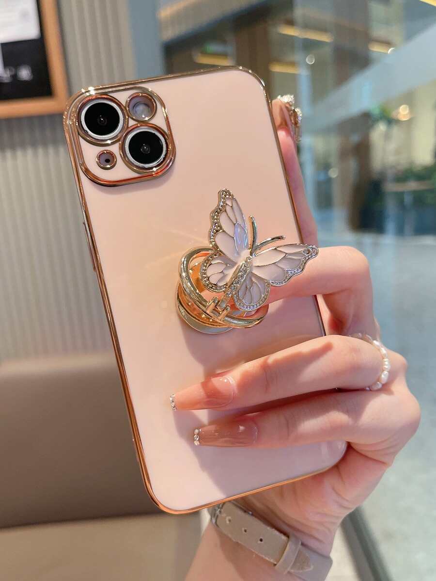 Casing Ponsel Kupu-kupu Resin Berlian 3D Berlapis Elektrolit yang Dipersonalisasi dengan Stand, Desain Premium Elegan, Kompatibel dengan iPhone 11, 13, 14, 13 Pro Max, 14 Pro Max, 15, 15 Pro, 15 Pro Max, 16, 16 Pro, 16 Plus, 16 Pro Max, 17, 17 Pro, 17 Pro Max - Berwarna merah muda - View 1