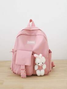 女孩毛茸茸卡通兔子和字母貼飾拉鍊可愛功能背包 - 粉色 - 查看 2