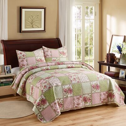 JML 3 Piece Floral Patchwork Quilt Set Lightweight Bedspread Coverlet With 2 Pillow Shams Bed Cover Microfiber Easter Day
