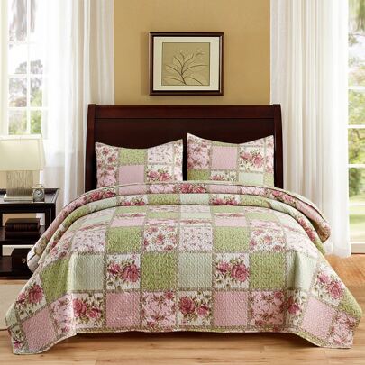 JML 3 Piece Floral Patchwork Quilt Set Lightweight Bedspread Coverlet With 2 Pillow Shams Bed Cover Microfiber Easter Day