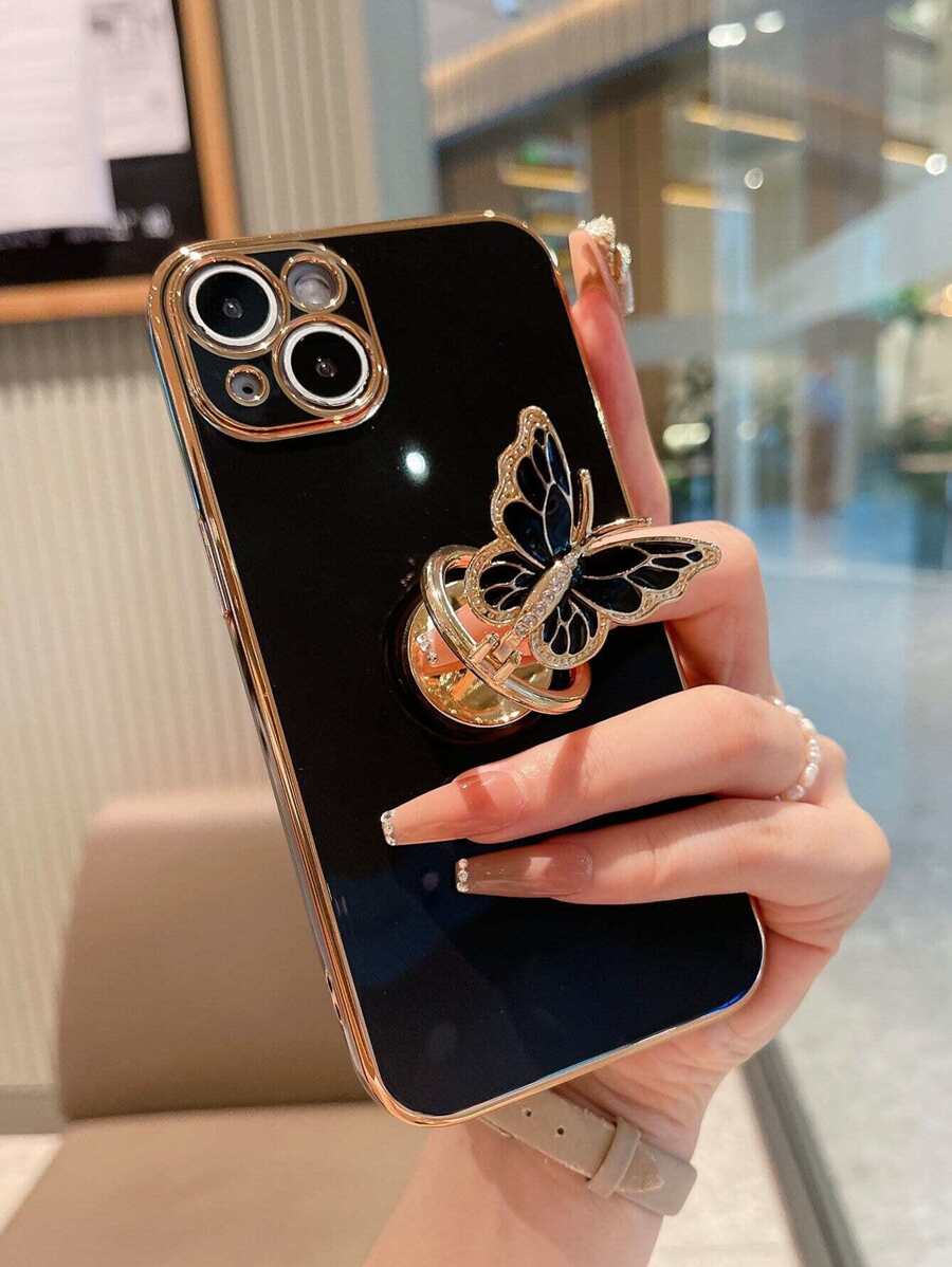 黑色蝴蝶个性化电镀3D水钻环氧树脂蝴蝶支架优雅高端手机壳,兼容 11、 13、 14、 13 Pro Max、 14 Pro Max、 15、 15 Pro、 15 Pro Max、 16、 16 Pro、 16 Plus、 16 Pro Max,防水防震防摔防刮,春季礼物,生日派对佳品 - 黑色 - 查看 1