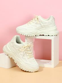 Men's Casual Front Lace-up Thick Sole Sports Shoes With Simple Design - Beige - View 3