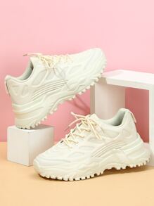 Men's Casual Front Lace-up Thick Sole Sports Shoes With Simple Design - Beige - View 1