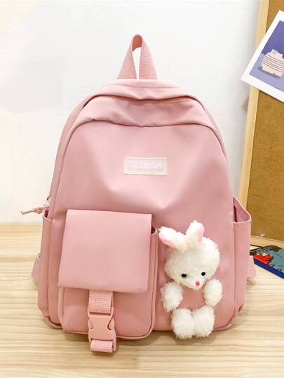 女孩毛茸茸卡通兔子和字母貼飾拉鍊可愛功能背包
