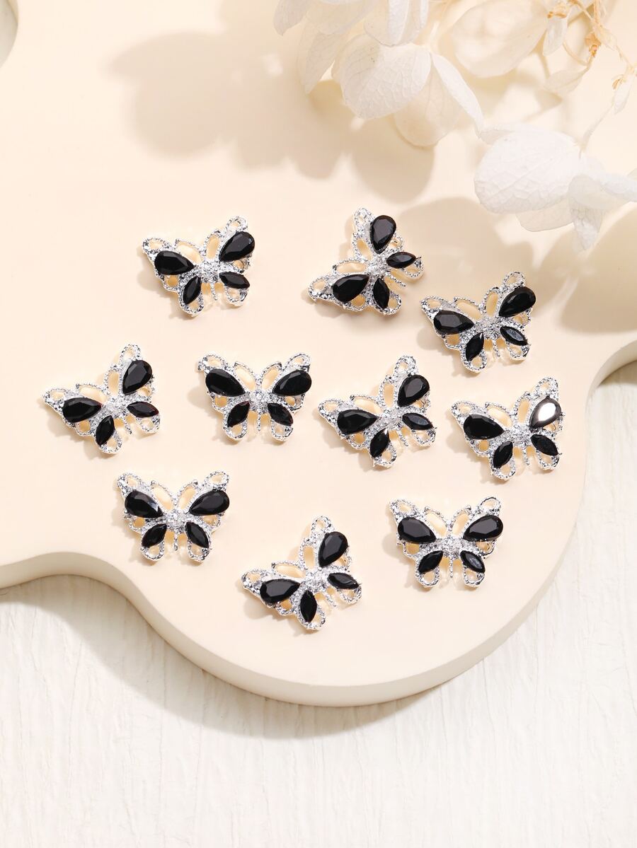 10 件黑蝴蝶指甲饰物 3D 奢华蝴蝶指甲宝石银色蝴蝶黑色指甲钻石闪亮指甲水钻适用于丙烯酸指甲美甲用品指甲宝石适合女士女孩美甲 - 彩色 - 查看 1