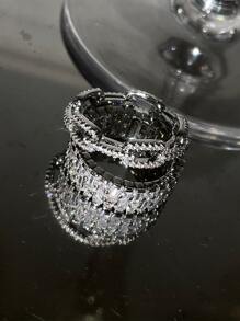 rakol 2 件/套简约银色方晶锆石装饰女士戒指 - 銀色 - 查看 4