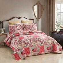 JML 3 Piece Floral Patchwork Quilt Set Lightweight Bedspread Coverlet With 2 Pillow Shams Bed Cover Microfiber Easter Day - Hoa hồng - Xem 2