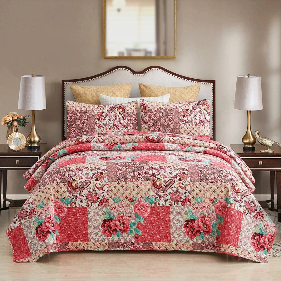 JML 3 Piece Floral Patchwork Quilt Set Lightweight Bedspread Coverlet With 2 Pillow Shams Bed Cover Microfiber Easter Day - Hoa hồng - Xem 1