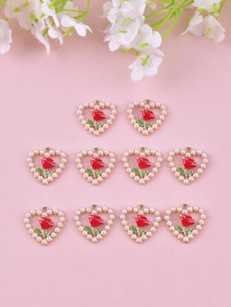 10pcs/Set Heart Faux Pearl Rose Flower Heart Charms DIY Pendant Earring Necklace Keychain Holiday Birthday Jewelry Design Making