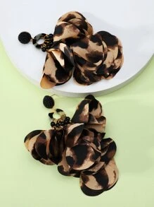 1pair Long Leopard Pattern & Chiffon Petal Pendant Earrings