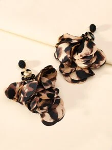 1pair Long Leopard Pattern & Chiffon Petal Pendant Earrings