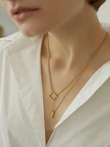 1pc Elegant & Minimalist S925 Silver Double Layer Necklace For Women, Adjustable, Great As Gift - Gold - View 3