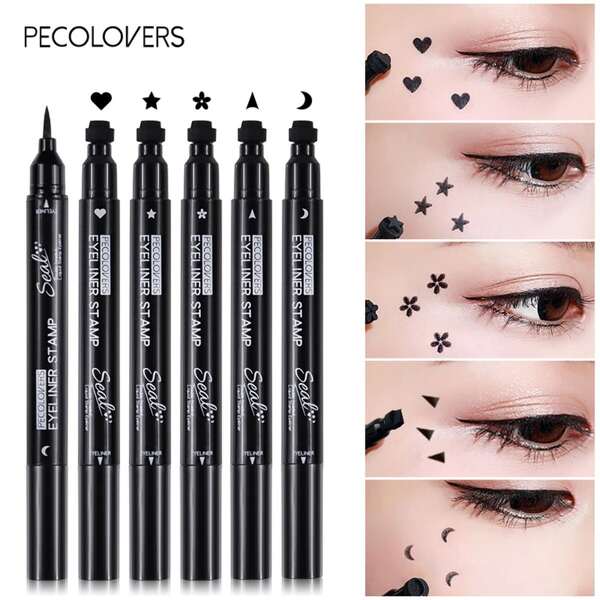 PECOLOVERS doble cabeza Sello impermeable Delineador de ojos líquido luna con estrella con corazón formas Sello secado rápido Delineador de ojos lápiz Utensilio de Maquillaje