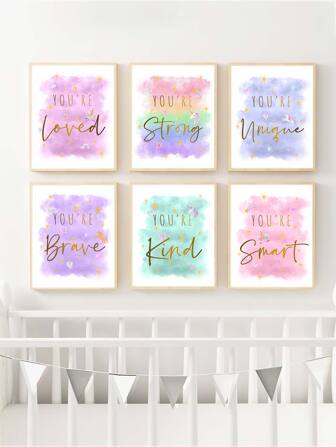 6 Pieces Unicorns Canvas Art Print Watercolor Painting Cute Wall Pictures Rainbow Poster Inspirational Quotes Brave Strong Unique Kind Smart Wall Art Painting Girls Room Decor Nursery Wall Decor Girl Unframed