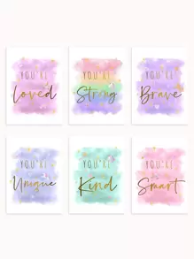 6 Pieces Unicorns Canvas Art Print Watercolor Painting Cute Wall Pictures Rainbow Poster Inspirational Quotes Brave Strong Unique Kind Smart Wall Art Painting Girls Room Decor Nursery Wall Decor Girl Unframed