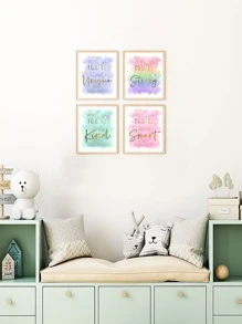 6 Pieces Unicorns Canvas Art Print Watercolor Painting Cute Wall Pictures Rainbow Poster Inspirational Quotes Brave Strong Unique Kind Smart Wall Art Painting Girls Room Decor Nursery Wall Decor Girl Unframed