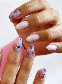 加上一抹優雅 24入組中型橢圓形經典優雅虛榮歐式藍白色色塊花卉閃光圖案全罩假指甲套件適合女士和女孩 - 彩色 - 查看 1