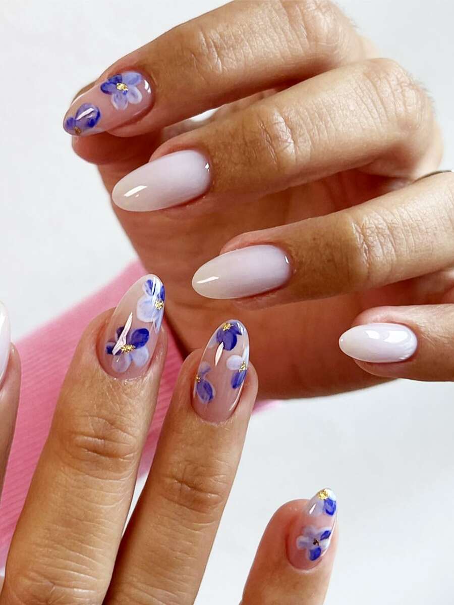 加上一抹優雅 24入組中型橢圓形經典優雅虛榮歐式藍白色色塊花卉閃光圖案全罩假指甲套件適合女士和女孩 - 彩色 - 查看 1