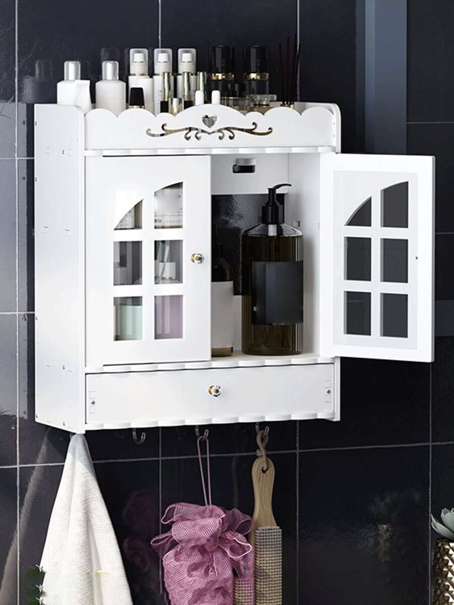 1pc No Drill Bathroom Storage Shelf Wall Mounted Makeup Organizer Toilet Vanity Rack White Storage Rack - White - View 1