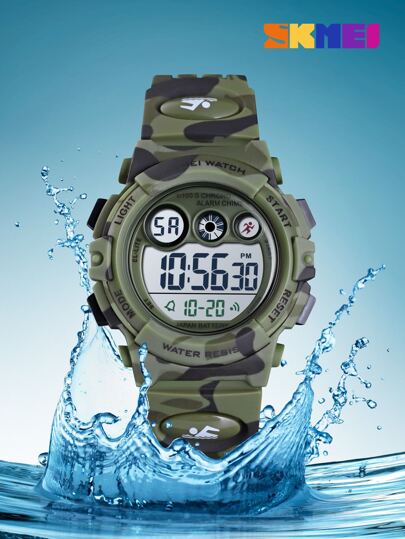 Skmei Chicos 1 pieza de camuflaje TPU con tira deportivo calendarios impermeable alarma fecha pantalla LED con estampado de letra redondo esfera digital para decoración diaria