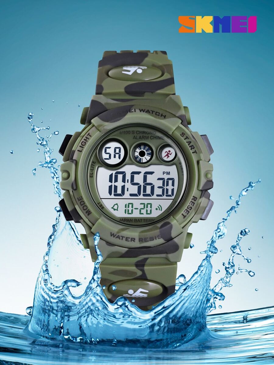 Skmei 1 Dây đeo TPU cho bé trai Camo Lịch thể thao Chống nước Báo thức ngày LED Hiển thị chữ Đồ họa Mặt tròn Đồng hồ kỹ thuật số, để trang trí hàng ngày - xanh quân đội - Xem 1