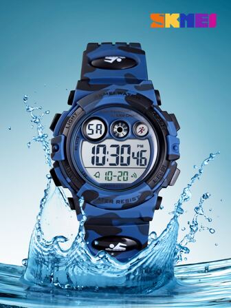 Skmei Chicos 1 pieza de camuflaje TPU con tira deportivo calendarios impermeable alarma fecha pantalla LED con estampado de letra redondo esfera digital para decoración diaria