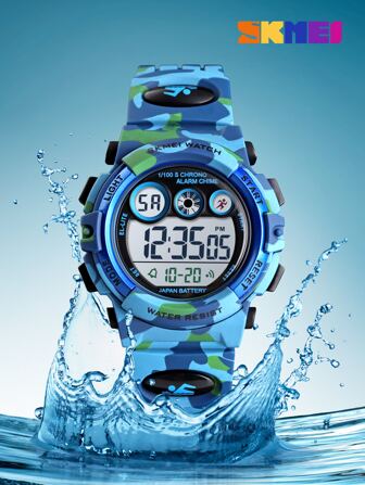 Skmei Chicos 1 pieza de camuflaje TPU con tira deportivo calendarios impermeable alarma fecha pantalla LED con estampado de letra redondo esfera digital para decoración diaria