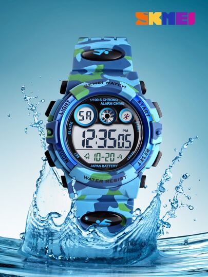 Skmei 1入組男孩迷彩TPU錶帶運動日曆防水鬧鐘日期LED顯示字母圖形圓形錶盤數字手錶適合日常裝飾