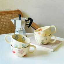 1 Peça Xícara de Café Cerâmica, Xícaras de Café, Xícaras Estilo Coreano Flor Assimétrica Feita à Mão, Caneca para Bebida de Leite e Chá, Caneca de Café da Escola para Volta às Aulas