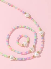 3 cái/bộ Hình trái tim Vòng cổ đính cườm Với Cơm Ngọc trai , Hơn 1 Miếng Chuỗi tay Và 1 Miếng Nhẫn - Nhiều màu - Xem 4