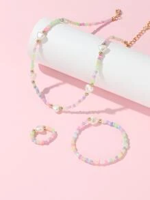 3 cái/bộ Hình trái tim Vòng cổ đính cườm Với Cơm Ngọc trai , Hơn 1 Miếng Chuỗi tay Và 1 Miếng Nhẫn - Nhiều màu - Xem 3