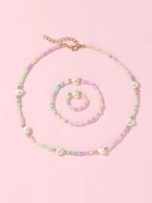 3 cái/bộ Hình trái tim Vòng cổ đính cườm Với Cơm Ngọc trai , Hơn 1 Miếng Chuỗi tay Và 1 Miếng Nhẫn - Nhiều màu - Xem 1