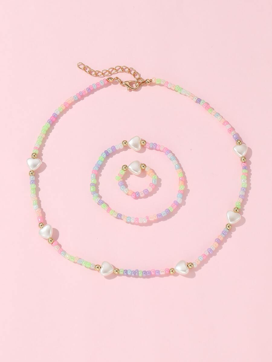 3 cái/bộ Hình trái tim Vòng cổ đính cườm Với Cơm Ngọc trai , Hơn 1 Miếng Chuỗi tay Và 1 Miếng Nhẫn - Nhiều màu - Xem 1