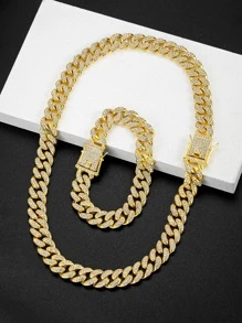 1 Conjunto Unissex 13mm Colar Grosso Embutido Com Diamante & Pulseira, Corrente De Ouro Larga Estilo Americano, Conjunto De Colar & Pulseira Com Diamantes Em Hip-hop De Rua Para Homens E Mulheres Com Uma Caixa