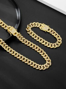 1 Conjunto Unissex 13mm Colar Grosso Embutido Com Diamante & Pulseira, Corrente De Ouro Larga Estilo Americano, Conjunto De Colar & Pulseira Com Diamantes Em Hip-hop De Rua Para Homens E Mulheres Com Uma Caixa