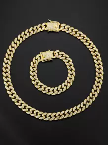 1 Conjunto Unissex 13mm Colar Grosso Embutido Com Diamante & Pulseira, Corrente De Ouro Larga Estilo Americano, Conjunto De Colar & Pulseira Com Diamantes Em Hip-hop De Rua Para Homens E Mulheres Com Uma Caixa